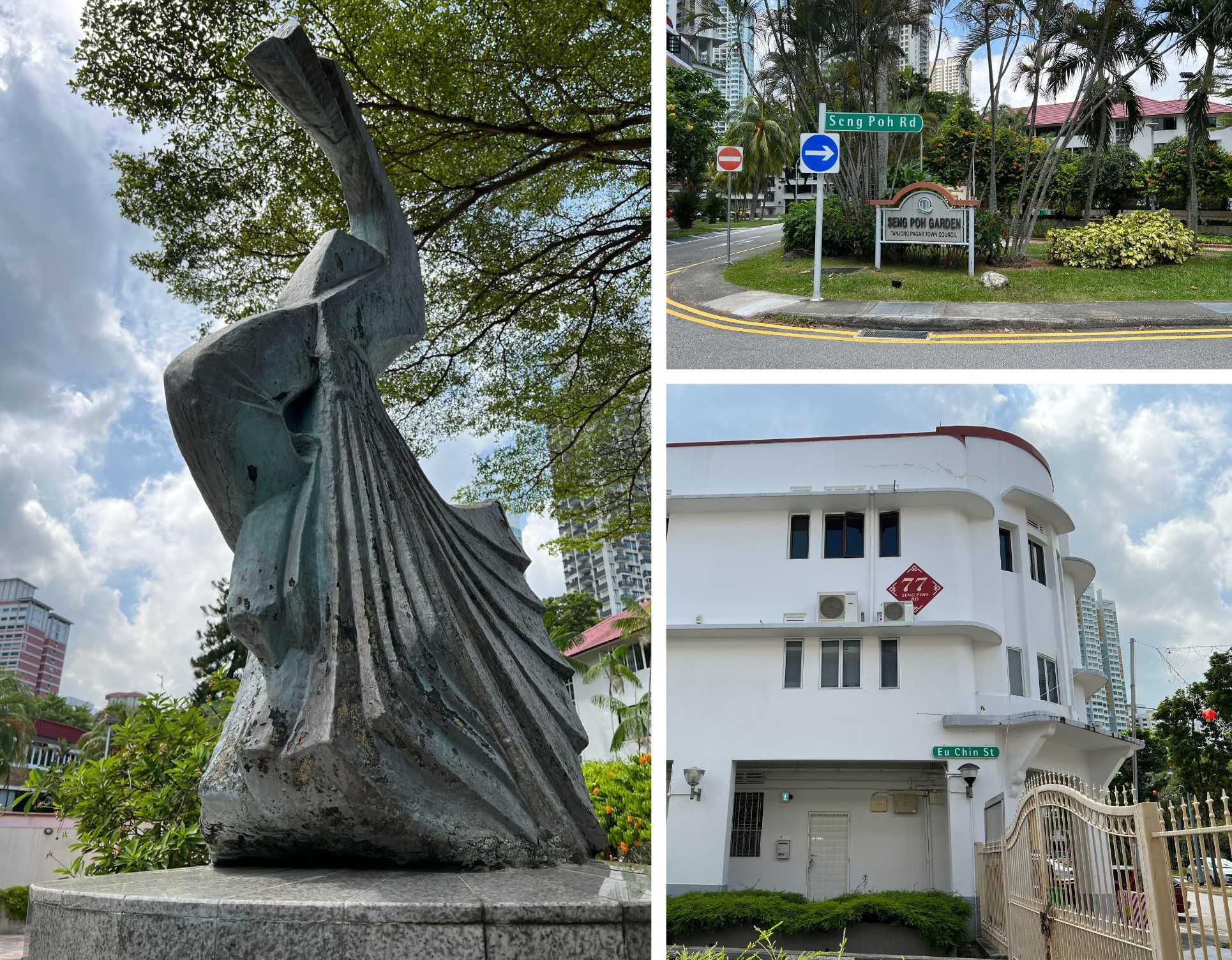 Collage of photographs showing Seng Poh Road, Seng Poh Garden, the Dancing Girl sculpture, and Eu Chin Street. 
