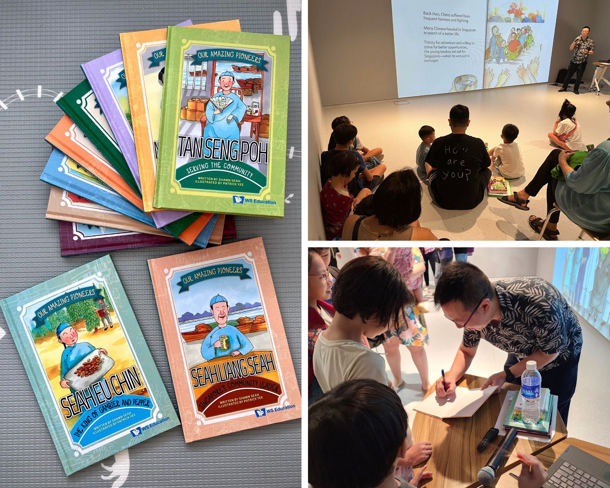 Collage of photographs showing the children's book series, Our Amazing Pioneers, as well as author and speaker Shawn Seah giving public talks. 