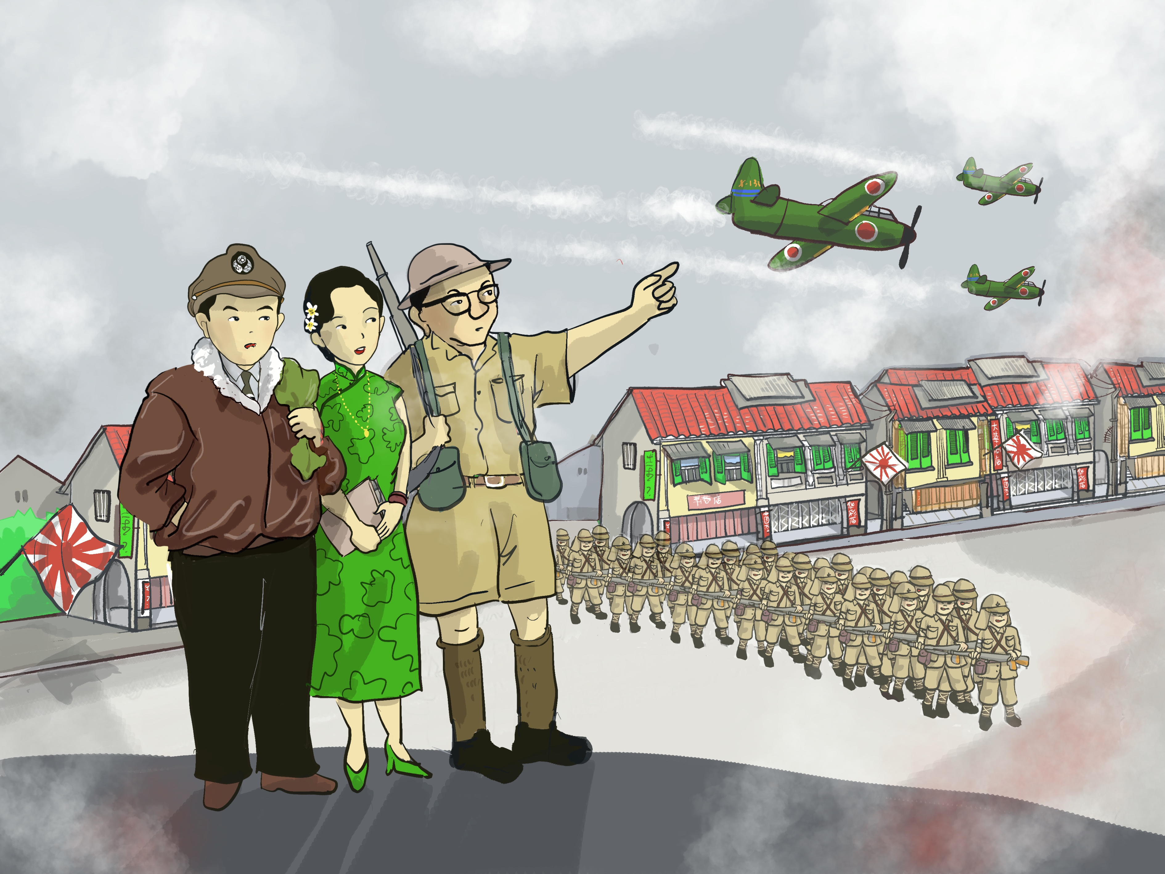 Illustration showing Captain Ho Weng Toh, Mrs Elizabeth Choy, and Ee Peng Liang during the Second World War. 